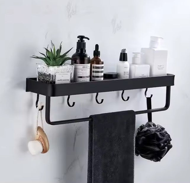 Aluminum Bathroom Wall Shelf – Wall-Mounted Storage Rack with No-Drill Option