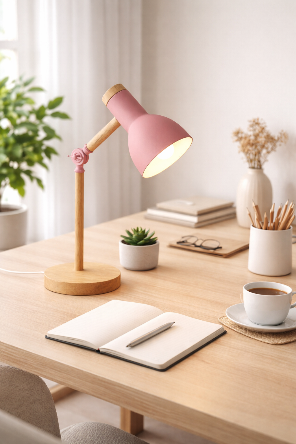 Wooden Table Lamp with LED Bulb and Dimmer