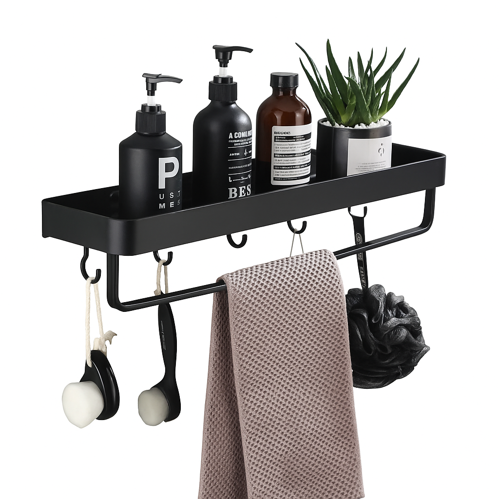Aluminum Bathroom Wall Shelf – Wall-Mounted Storage Rack with No-Drill Option