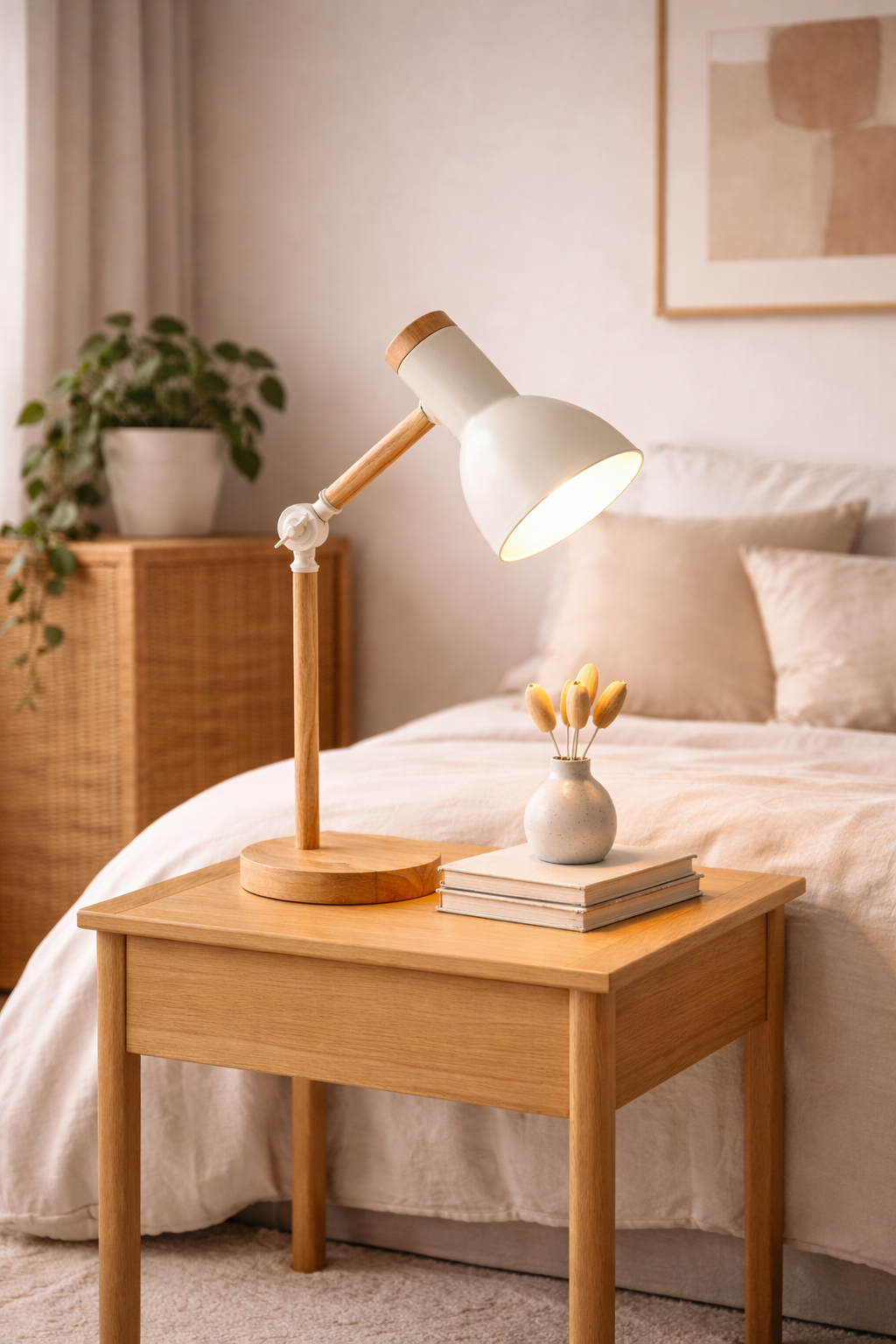 Wooden Table Lamp with LED Bulb and Dimmer
