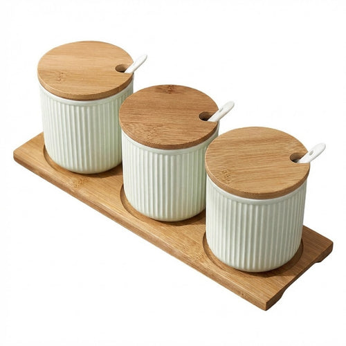3-Piece Ceramic Spice Jar Set with Bamboo Lids & Spoon