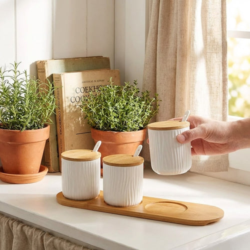3-Piece Ceramic Spice Jar Set with Bamboo Lids & Spoon
