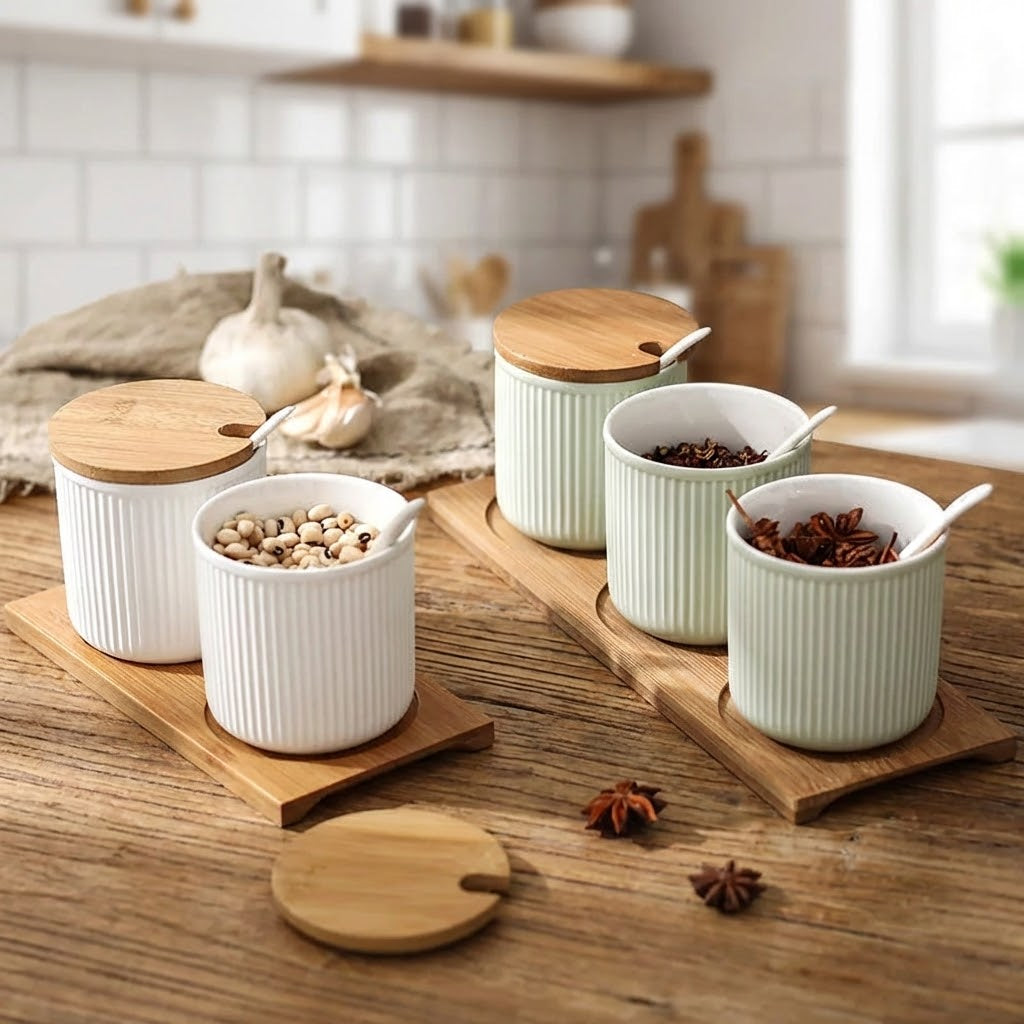 3-Piece Ceramic Spice Jar Set with Bamboo Lids & Spoon