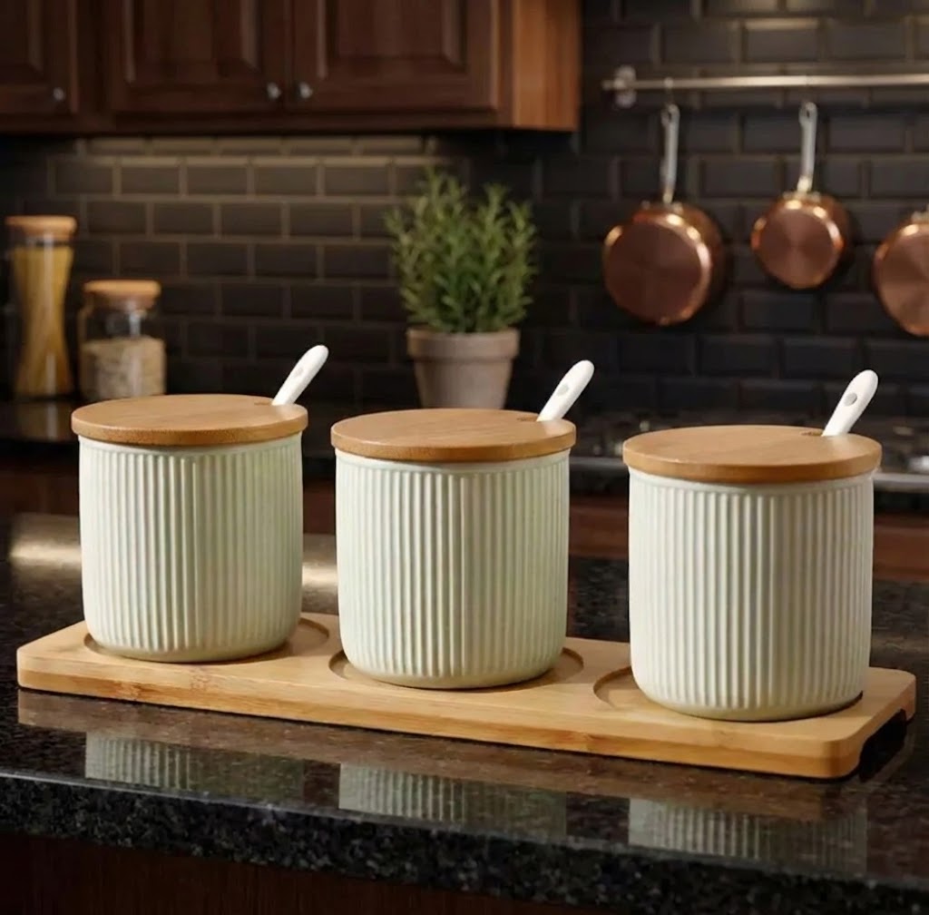 3-Piece Ceramic Spice Jar Set with Bamboo Lids & Spoon